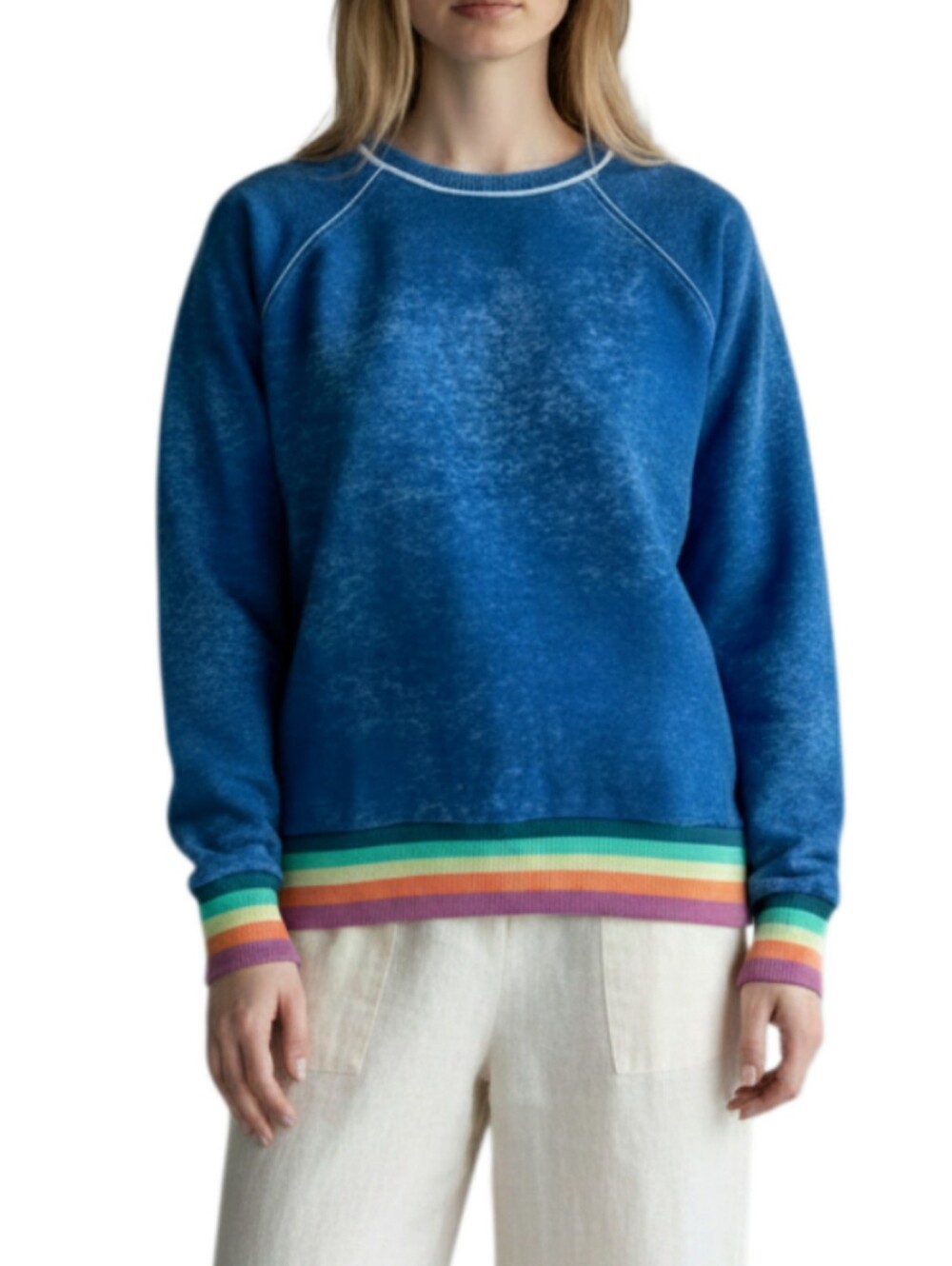 WISPR by Brodie Acid Wash Blue Silk Blend Sweater Size XS Rainbow Trim Raglan